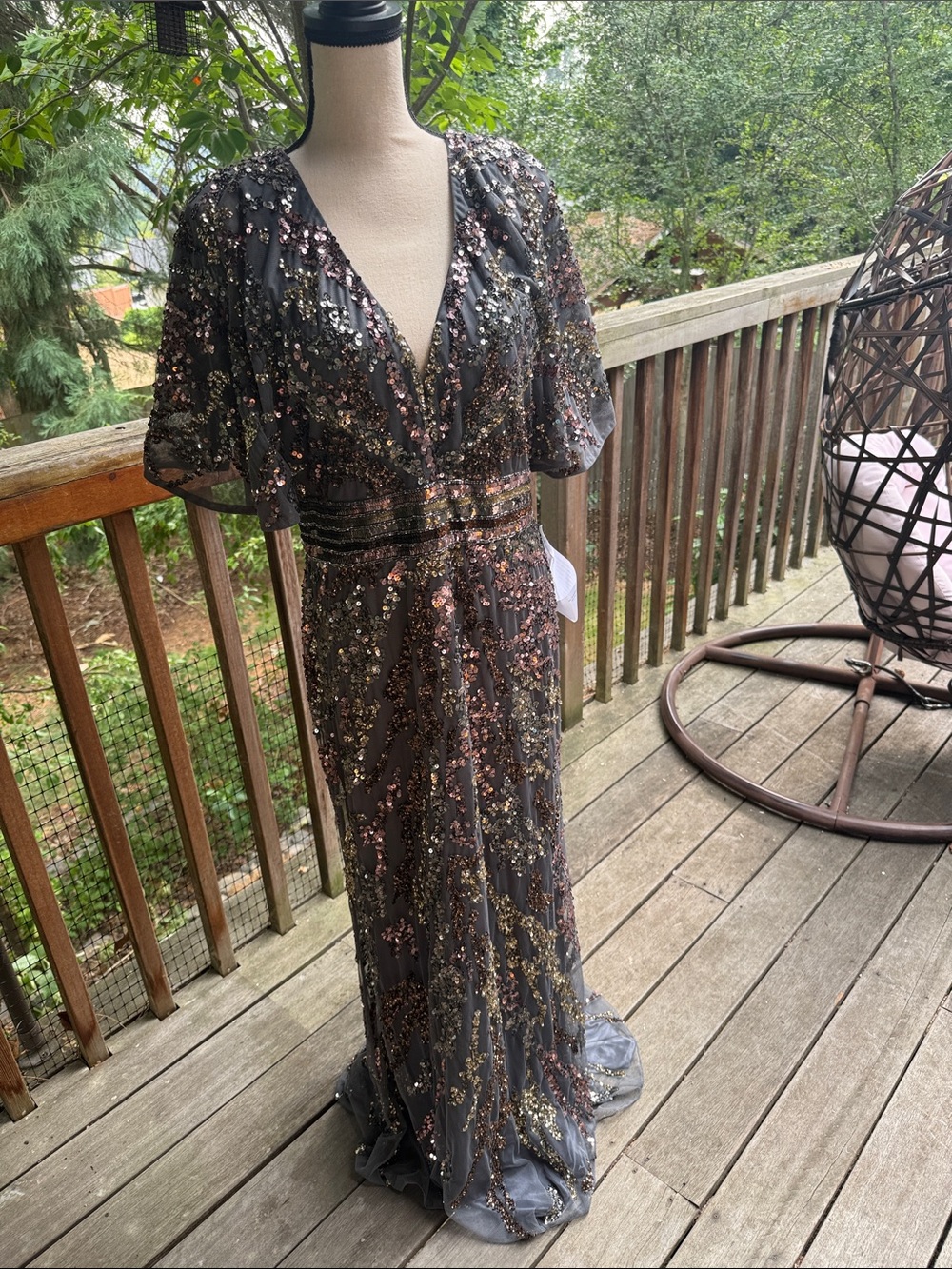 Mac Duggal Charcoal Sequin Maxi Gown with Rose Gold Accents